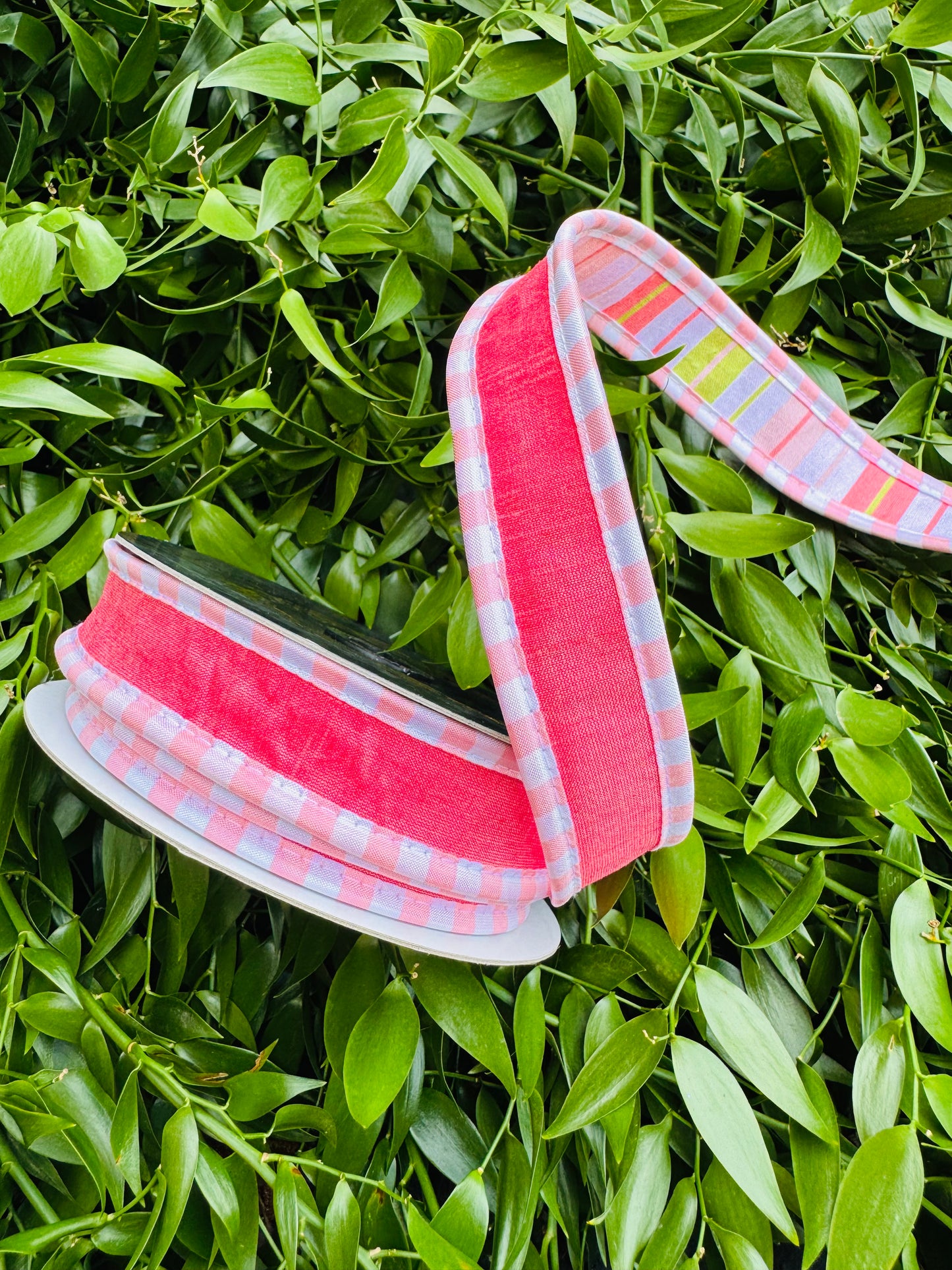 JME heavy wired ribbon. HOT PINK Dupion with Pink/Lime Striped Back 1"x 10YDS