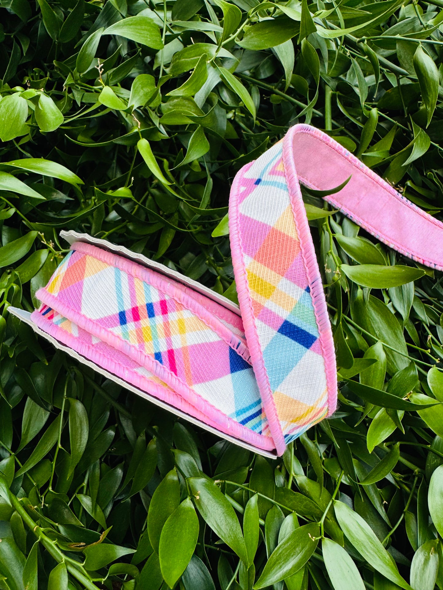 JME heavy wired ribbon. Multicolor Diagonal Plaid with LIGHT PINK Dupion Back 1"x 10YDS