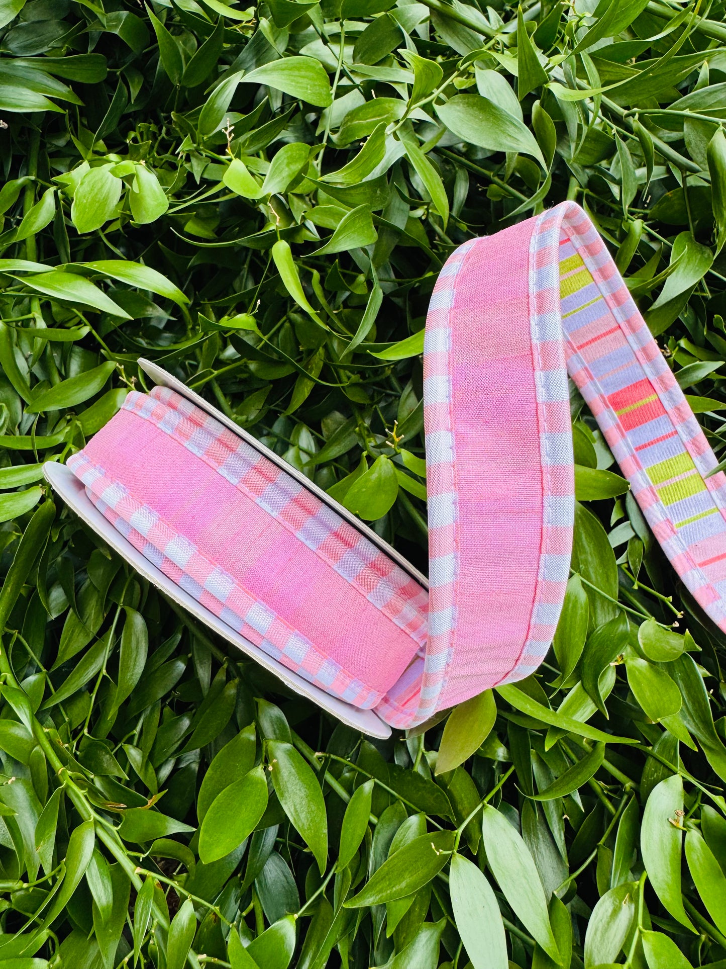 JME heavy wired ribbon. LIGHT PINK Dupion with Lime/Pink Striped Back 1"x 10YDS