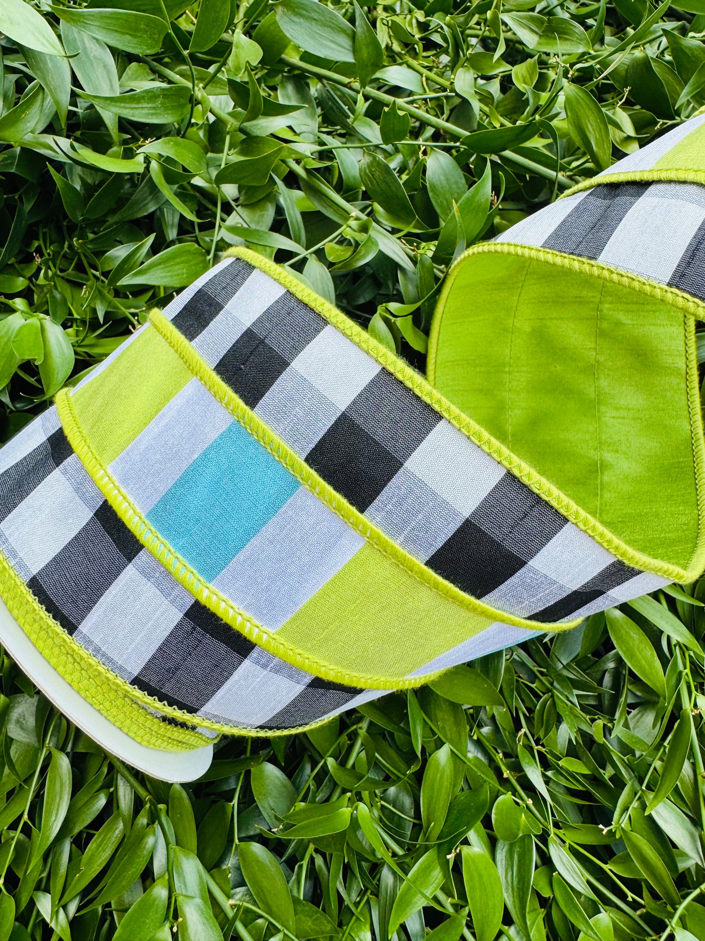 JME heavy wired ribbon. BLUE/LIME Striped Band on Black/White Check with Lime Dupion Back 4"x 10YDS
