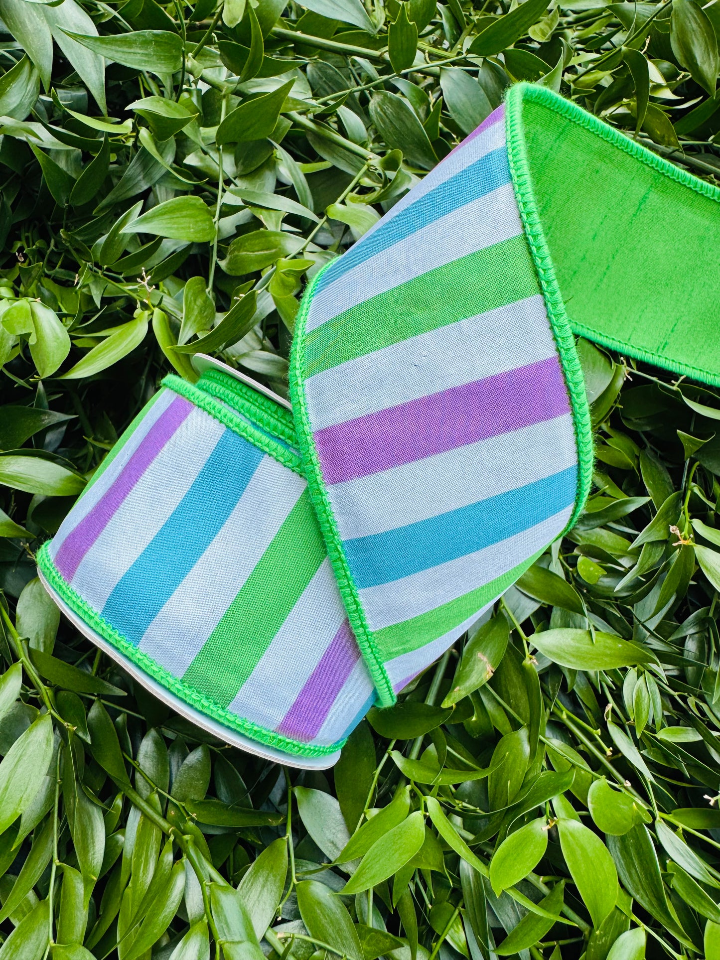 JME heavy wired ribbon. BLUE/Purple/GREEN Dupion Horizontal Stripes with Green Back 2.5"x 10YDS