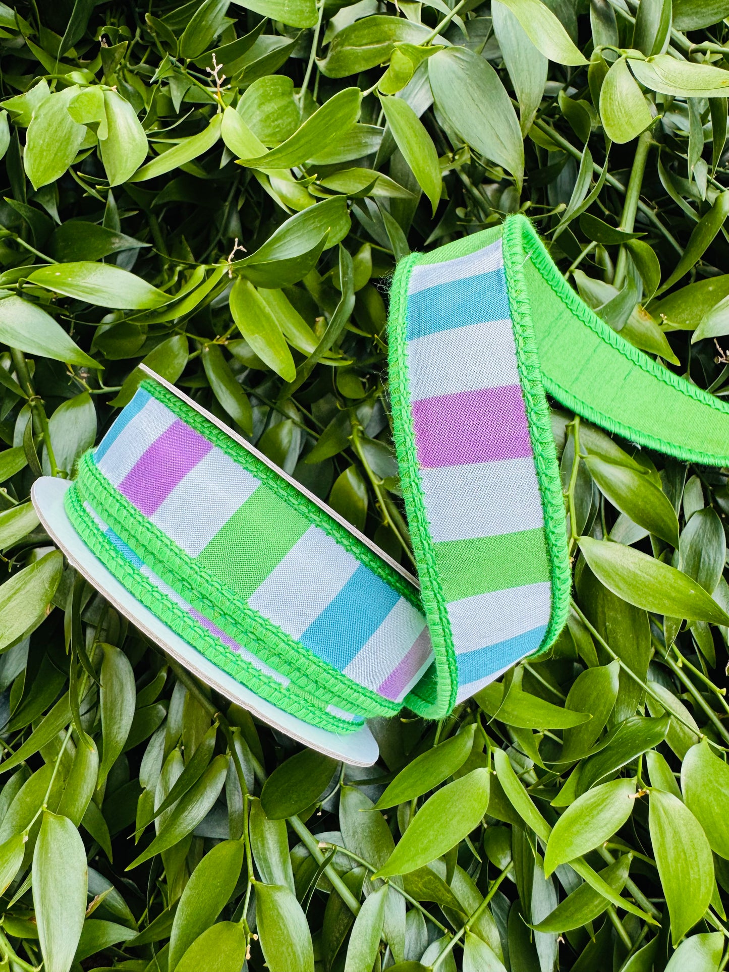 JME heavy wired ribbon. BLUE/Purple/GREEN Dupion Horizontal Stripes with Green Back 1"x 10YDS