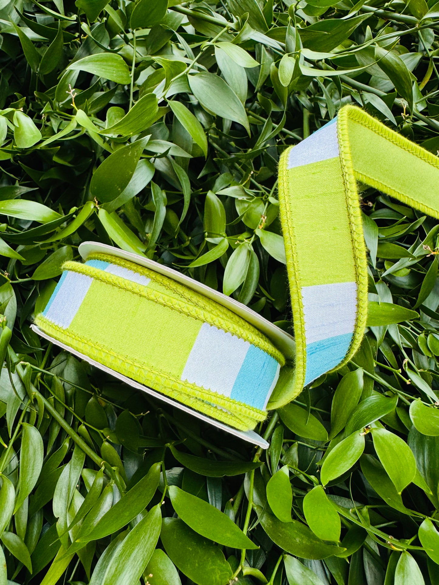 JME heavy wired ribbon. LIME/BLUE Stripes with Lime Dupion Back 1"x 10YDS