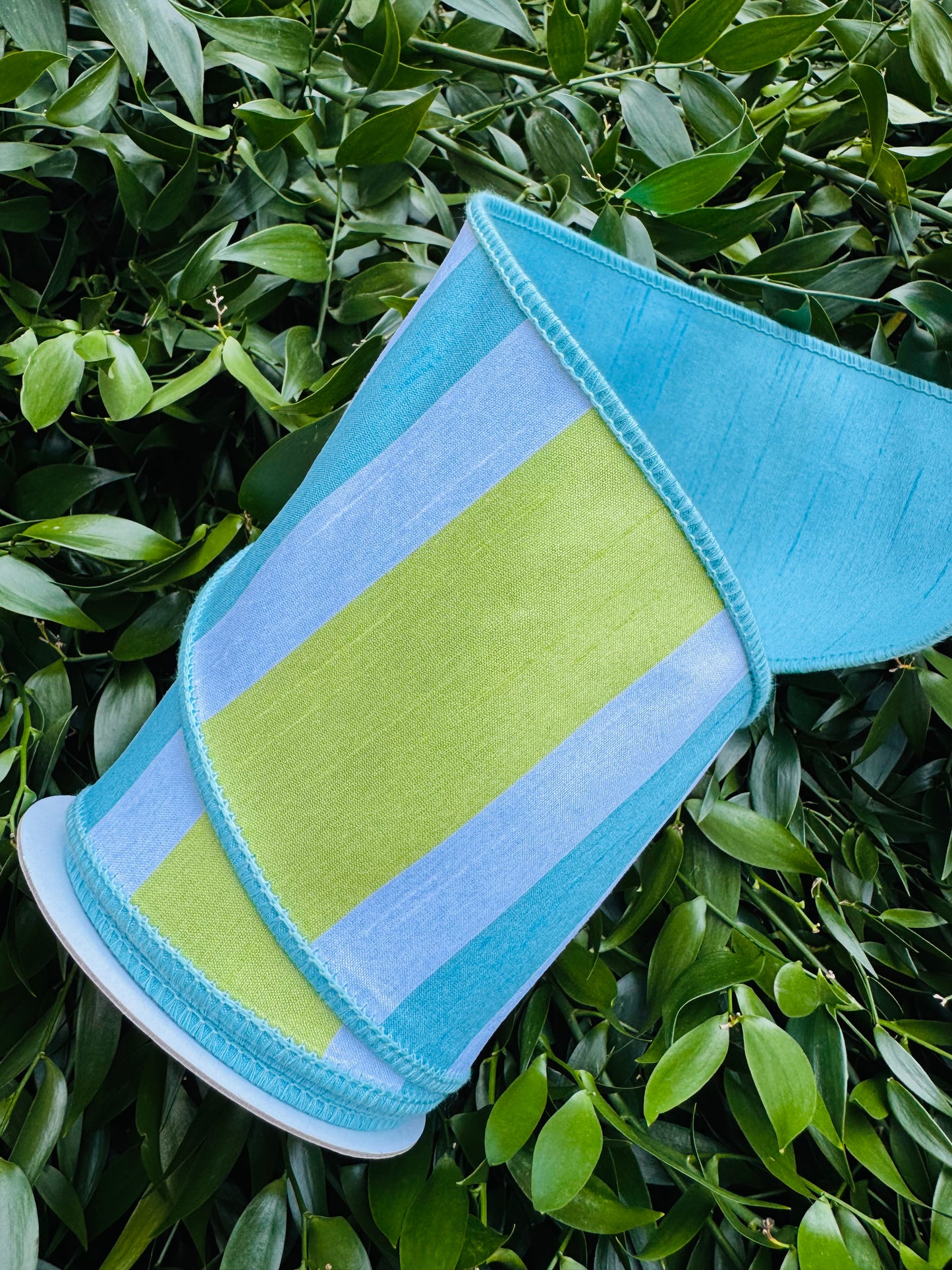 JME heavy wired ribbon. LIME/BLUE Stripes with Blue Dupion Back 4"x 10YDS