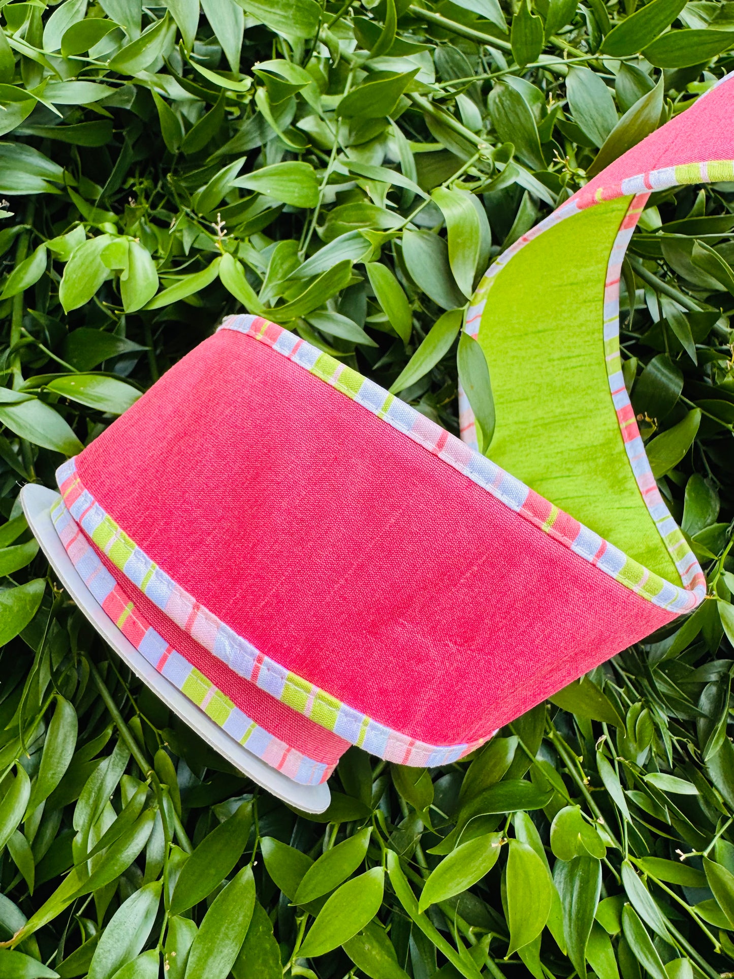 JME heavy wired ribbon. HOT PINK Dupion with Lime/Pink Striped Trim and LIME Back 2.5"x 10YDS