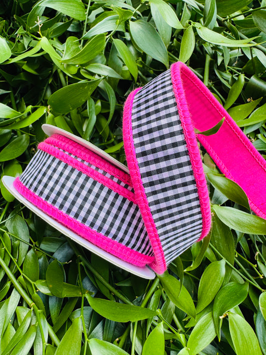 JME heavy wired ribbon. BLACK/WHITE Mini Check with Hot Pink Dupion Back 1"x 10YDS