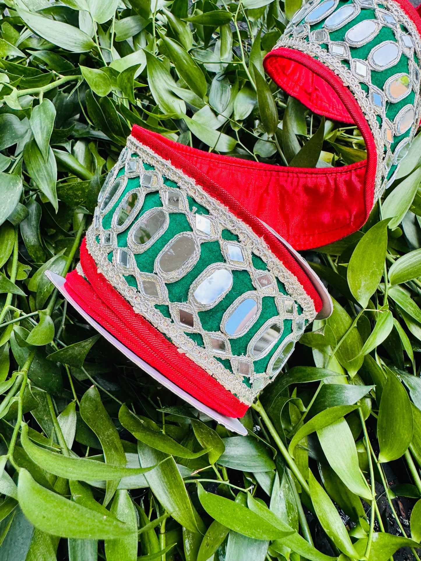 JME heavy wired ribbon. GREEN Dupion with Mirrors and Red Metallic Trim 2.5"x 5YDS