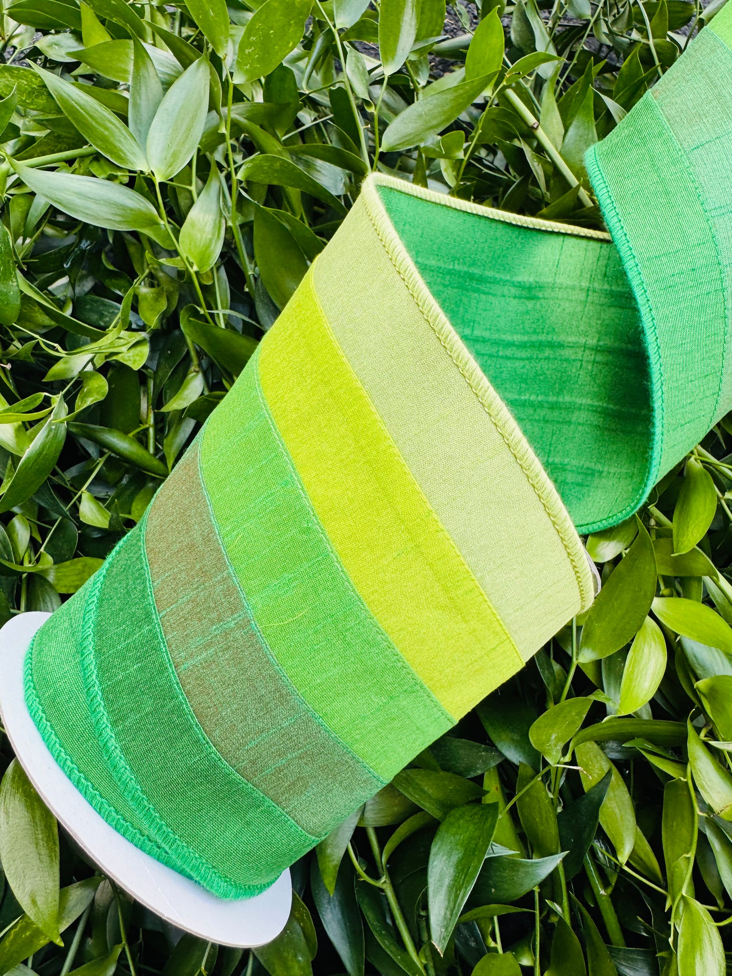 JME heavy wired ribbon. GREEN Stitched Stripes Dupion 5"x 10YDS
