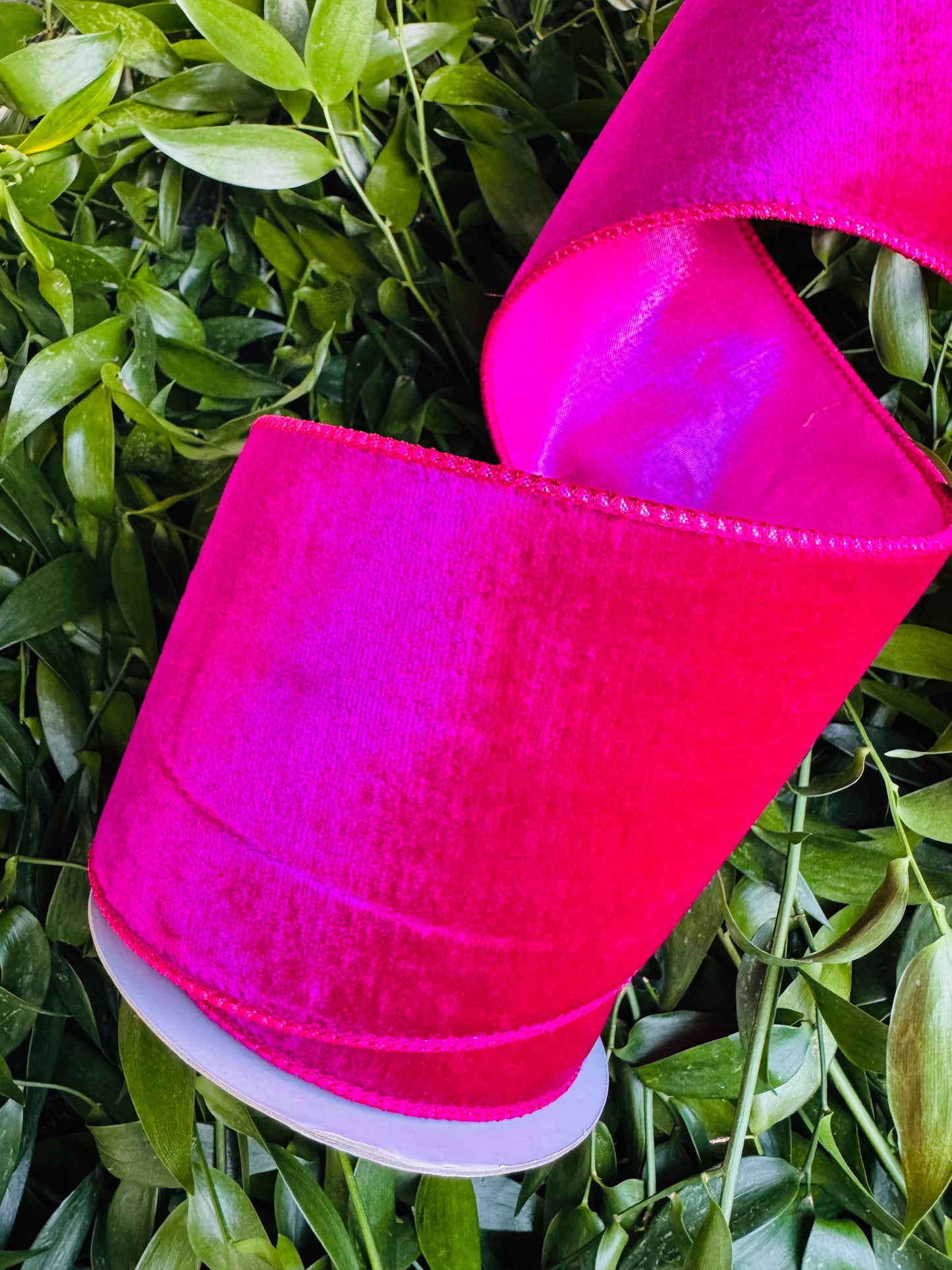 JME heavy wired ribbon. Fuchsia velvet with Fuchsia metallic back 4" x 10 yards