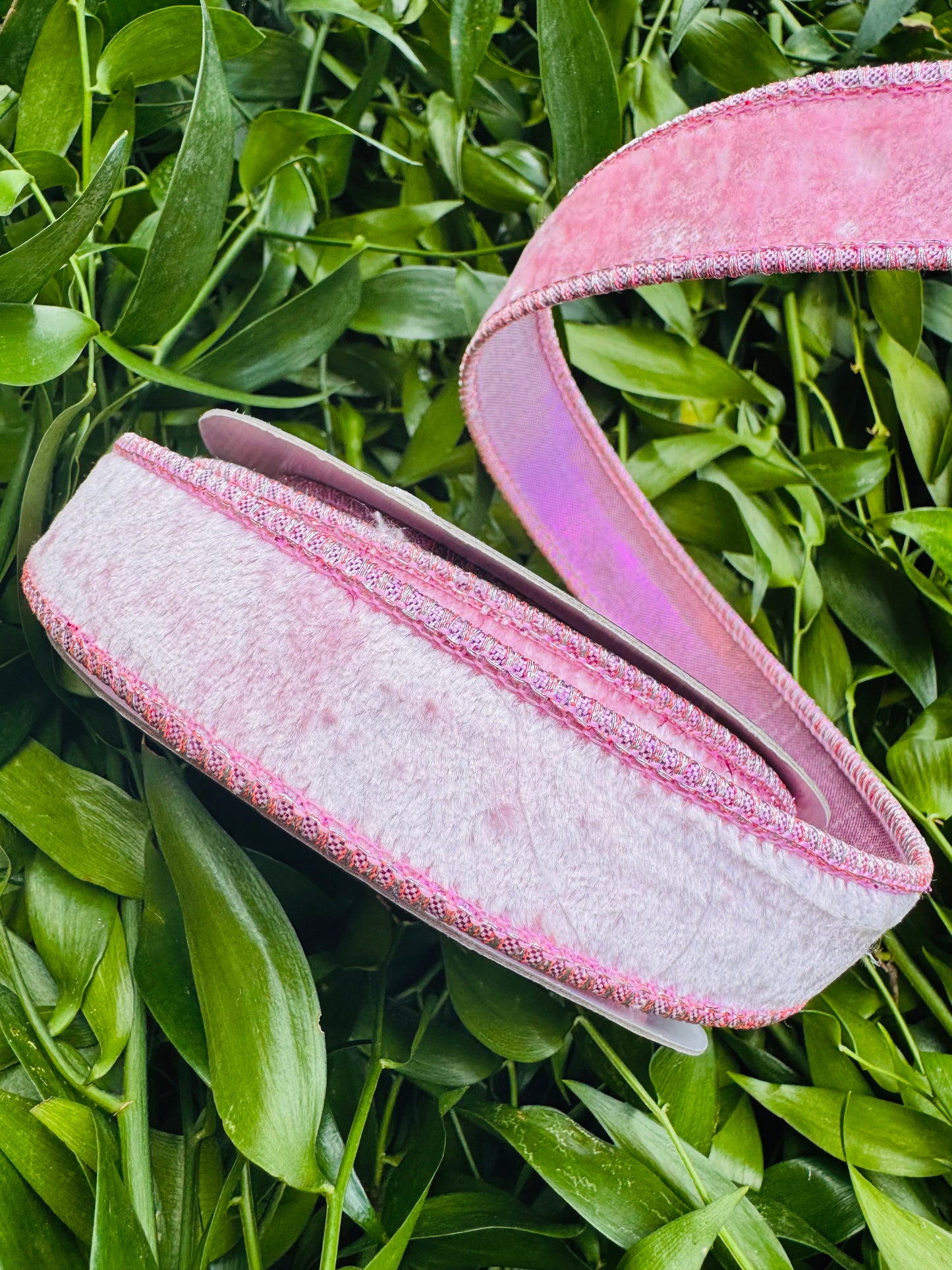 JME heavy wired ribbon. Light Pink velvet with Light Pink metallic back 1" x 10 yards