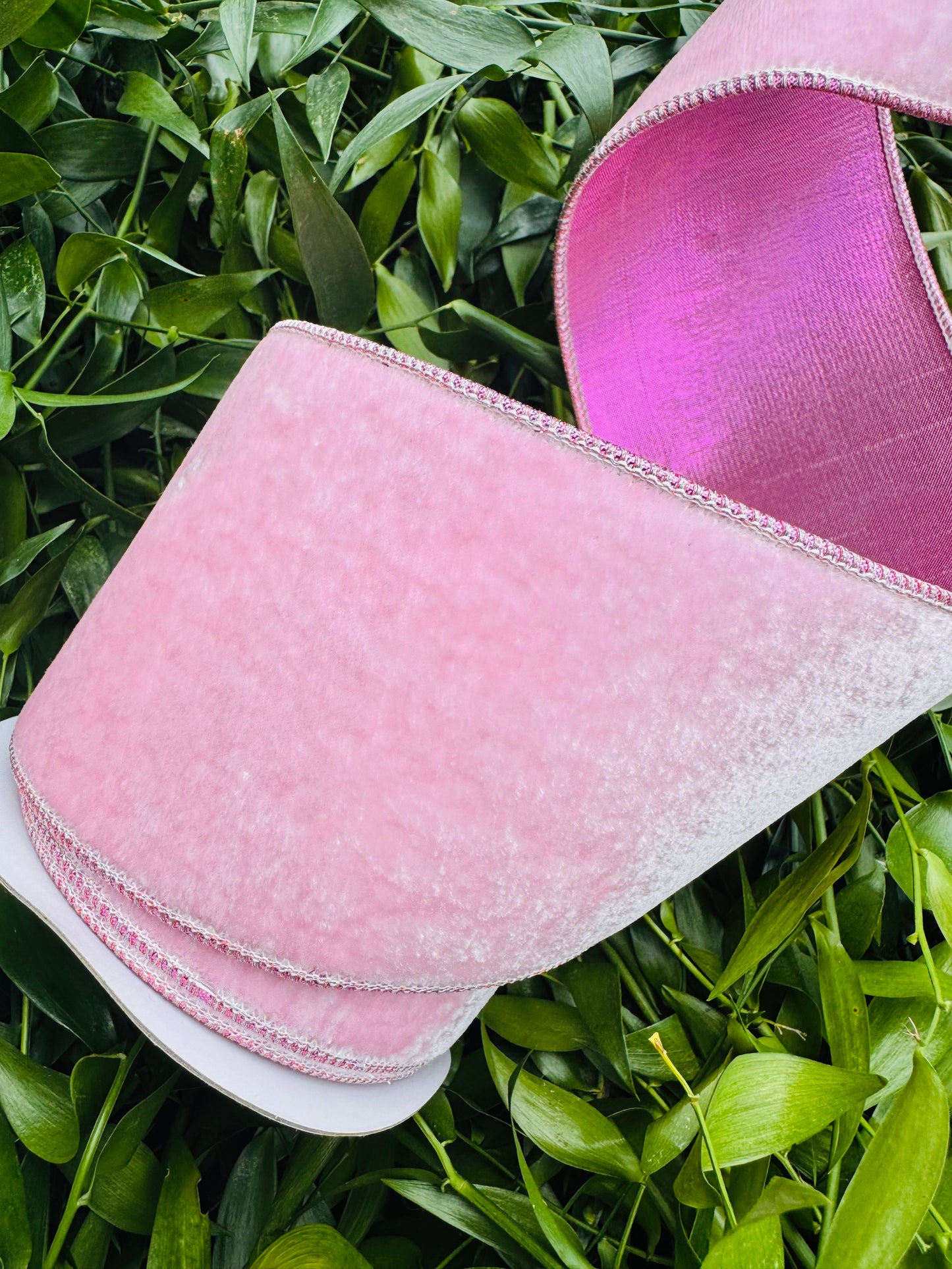 JME heavy wired ribbon. Light Pink velvet with Light Pink metallic back 4" x 10 yards