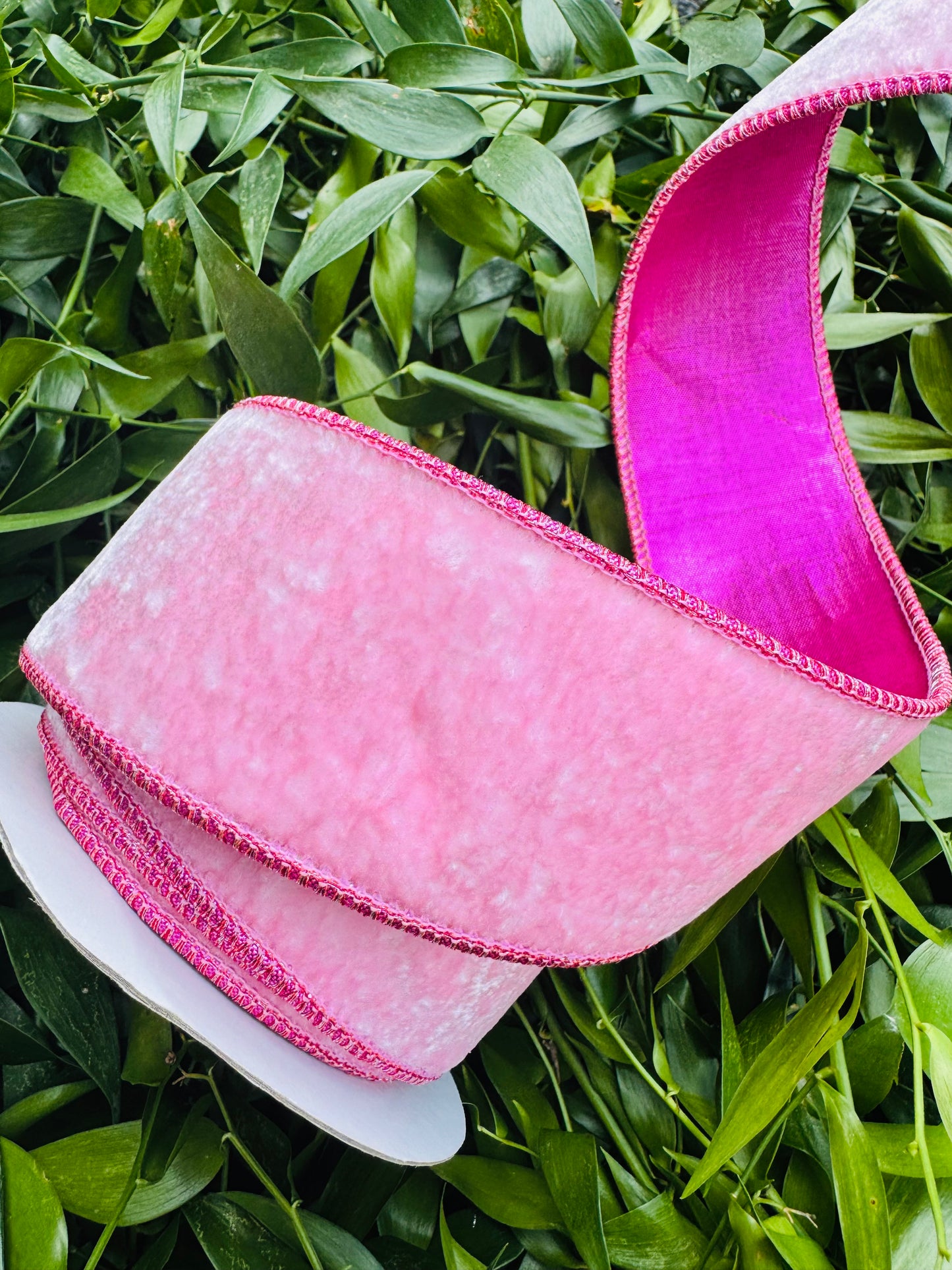 JME heavy wired ribbon. Light Pink velvet with Hot Pink metallic back 2.5" x 10 yards