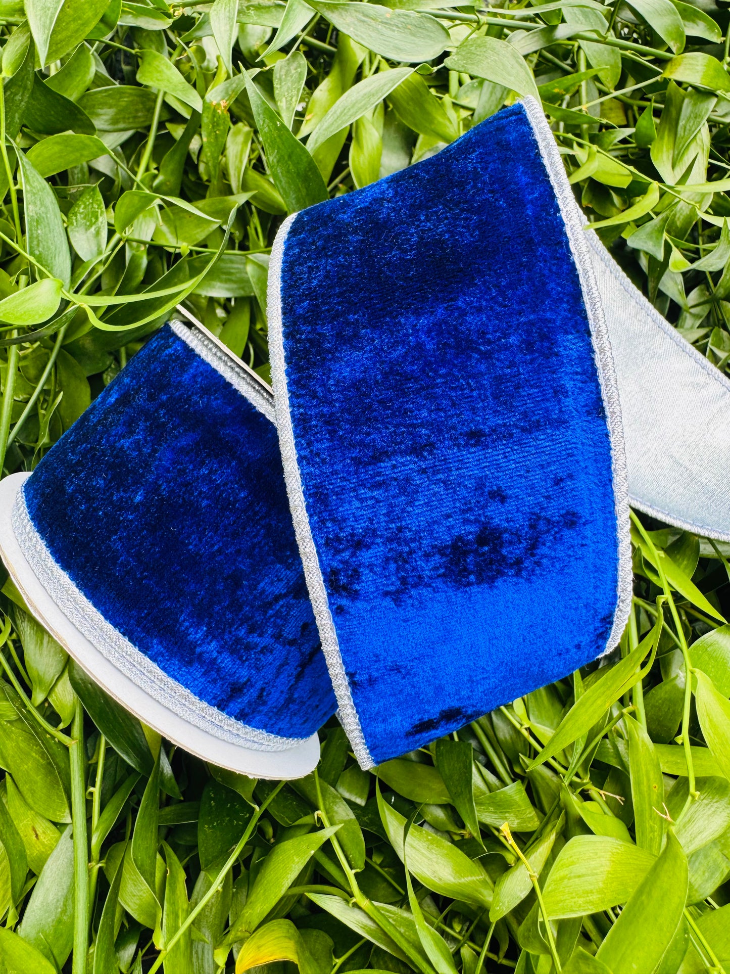 JME heavy wired ribbon. Blue velvet with Silver metallic back 2.5" x 10 yards