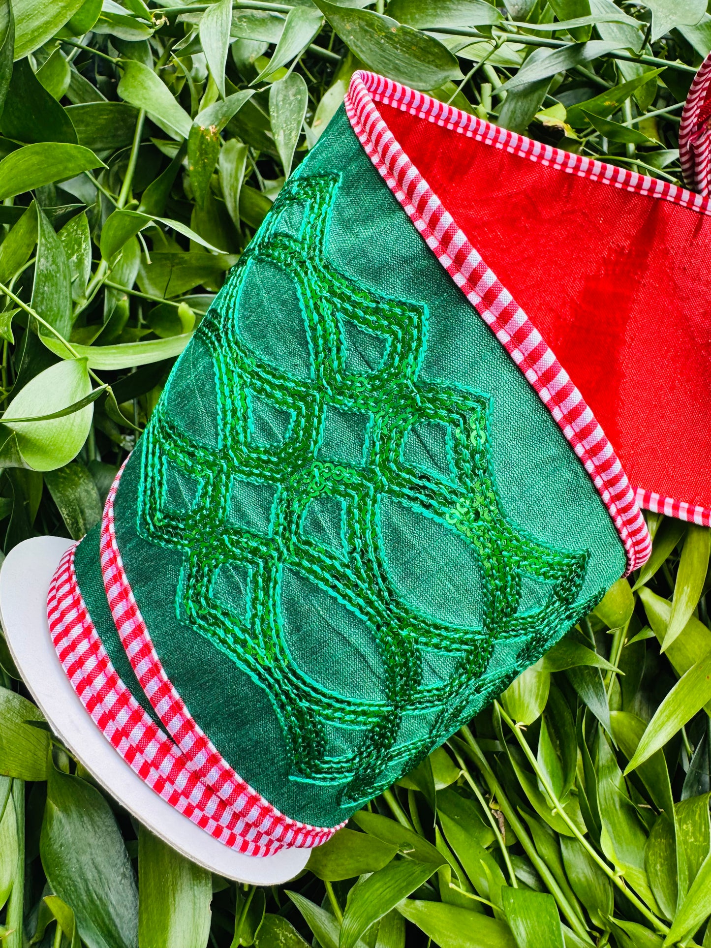 JME heavy wired ribbon, Green dupion with a Green sequin pattern and Red and White checked piping, with Red Metallic Back  4"x5yds