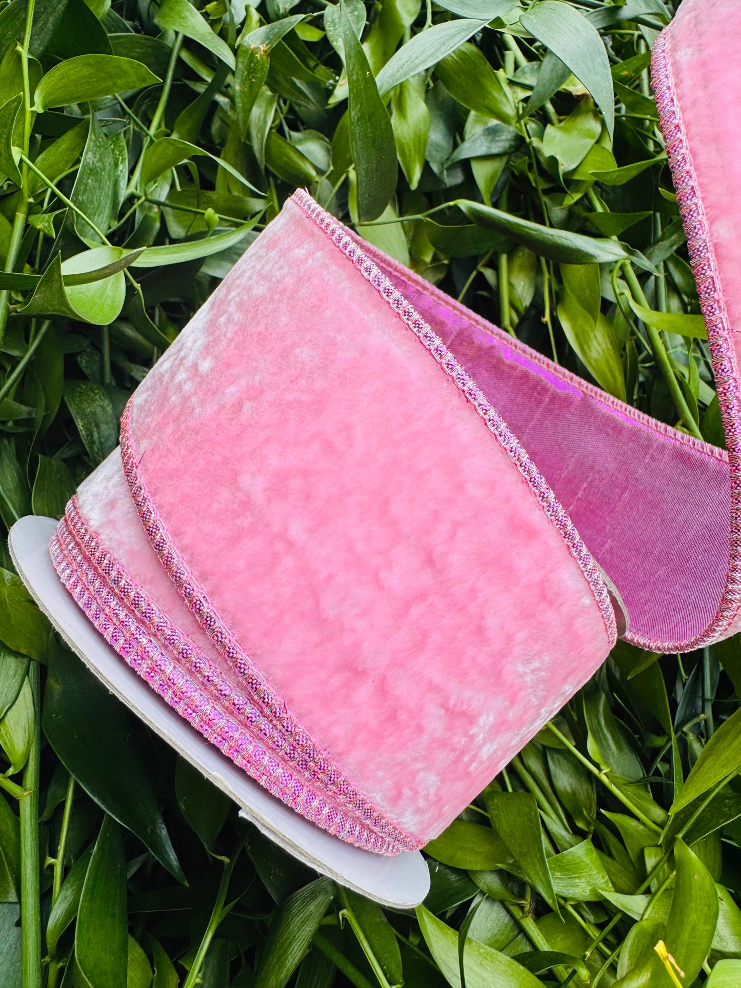 JME heavy wired ribbon. Light Pink velvet with Light Pink metallic back 2.5" x 10 yards