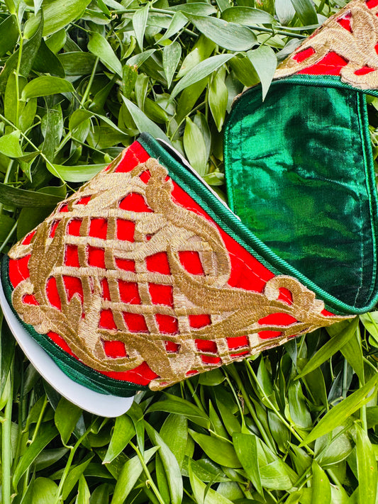 JME heavy wired ribbon double fused, Red Velvet with Gold laser cut pattern with Green dupion metallic back 4"x 5yds