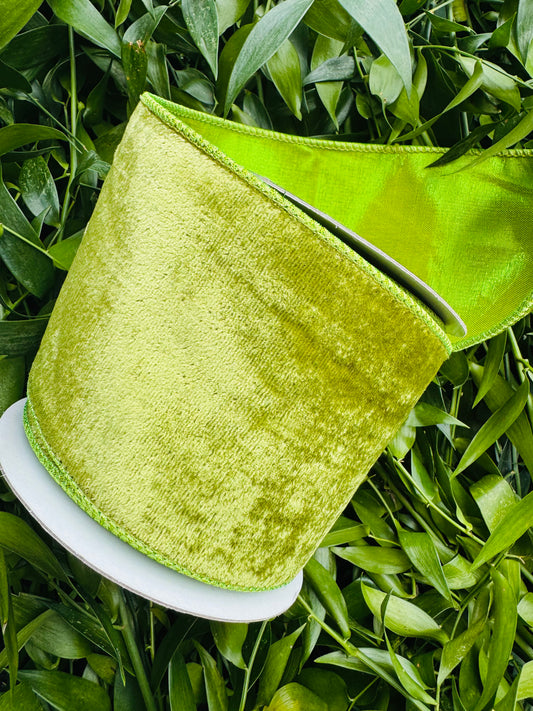 JME heavy wired ribbon. Apple green velvet with Apple green metallic back 4" x 10 yards