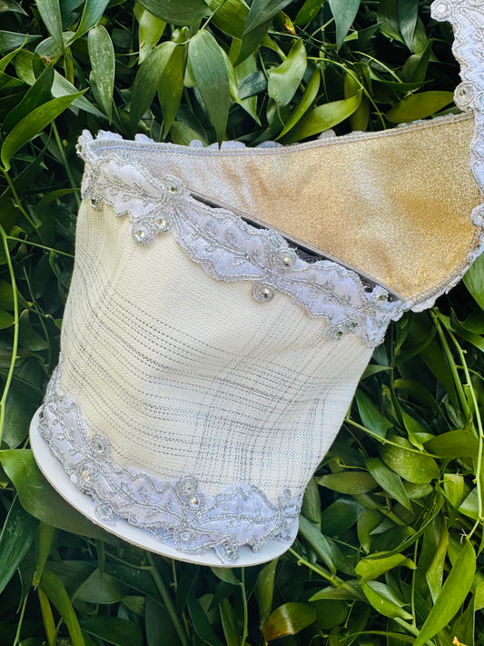 JME heavy wired ribbon double fused, Silver and White plaid with leaf jeweled edge and Champagne metallic back 4"x 5yds