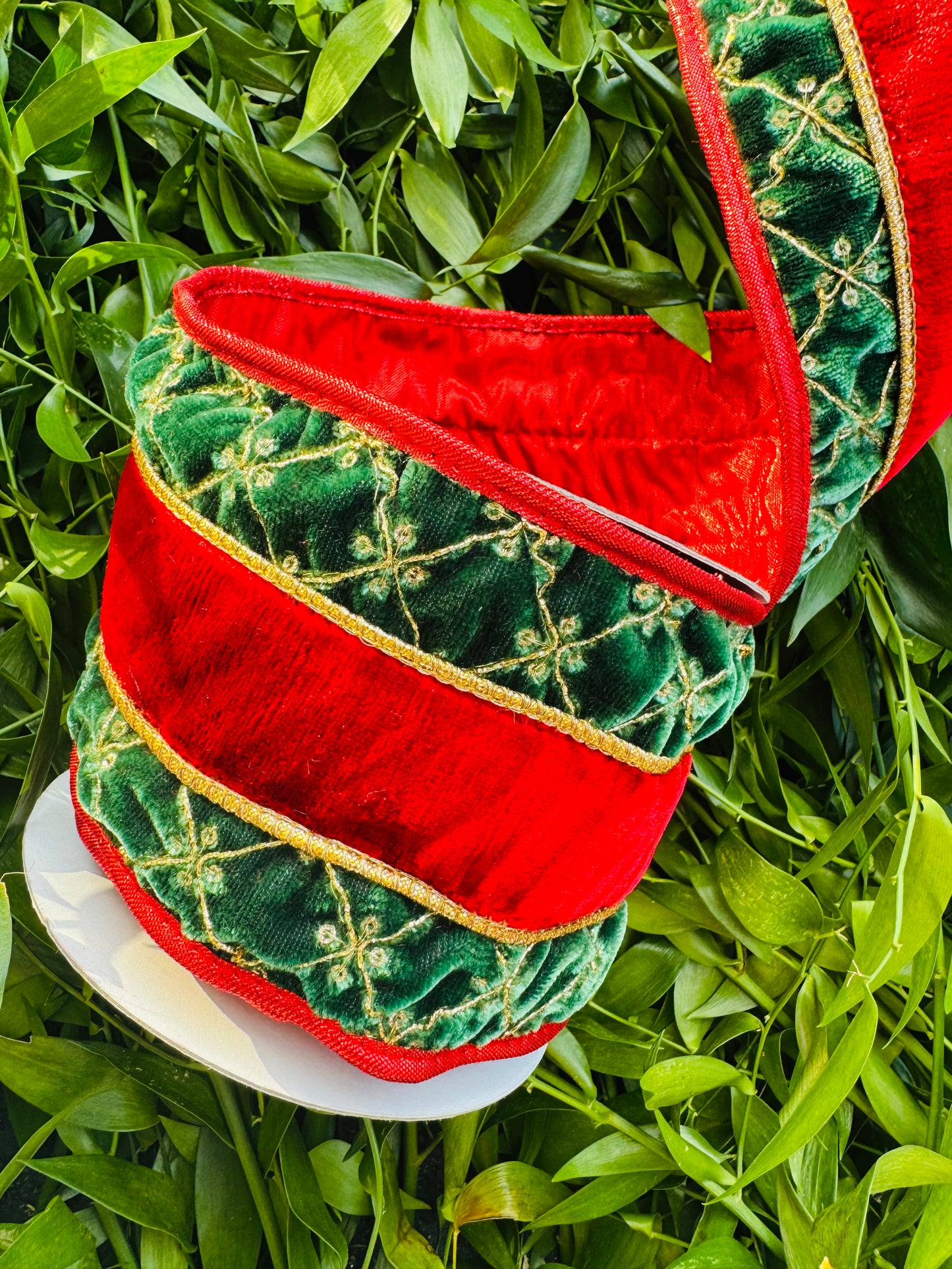 JME heavy wired ribbon, Green velvet with Gold embroidered diagonal pattern and Red velvet band, With Red metallic back 4"x 5yds