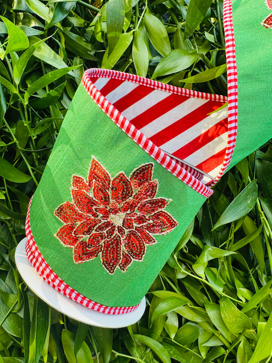 JME heavy wired ribbon, Green and Red sequin poinsettia with Candy Cane Stripe Back 4"x 5yds