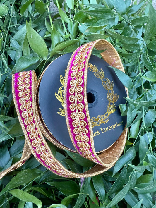 JME heavy wired ribbon. Fuchsia velvet with gold embroidered design and back with gold metallic. 1“ x 10 yards.