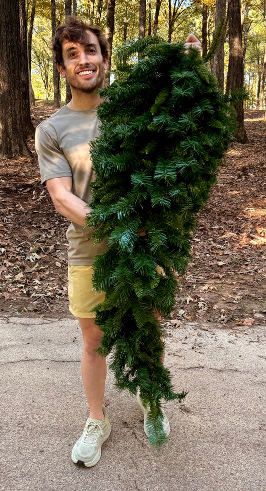 5 foot faux pine teardrop. Very full and thick. Perfect for decorating mailboxes, mantels, tables and more!