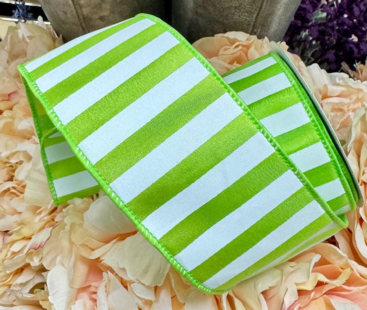 Lime Green and White Striped  2.5 Inches by 10 Yards