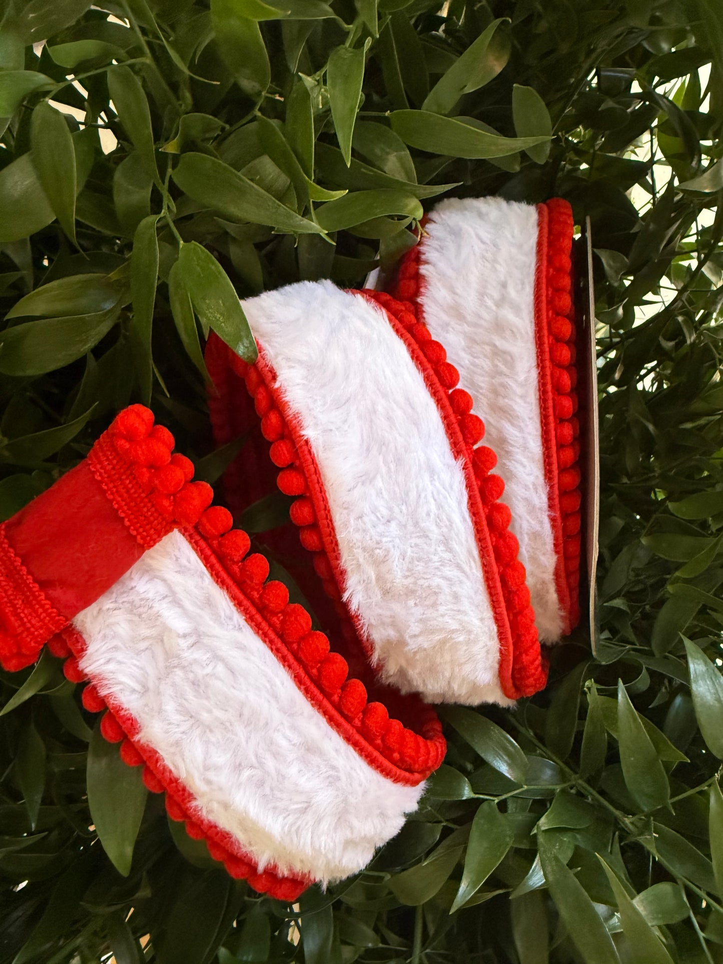 JME heavy wired ribbon. WHITE Fur with Red Pom Pom Edge 2.5"x 10YDS