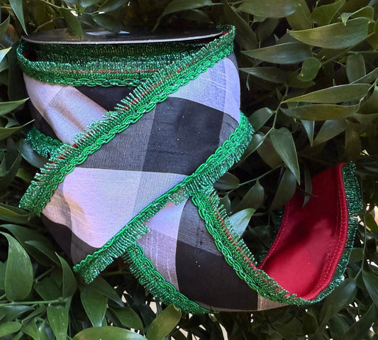 JME heavy wired ribbon. BLACK/WHITE Check Dupion with Green Fringe Trim and Red Back 2.5"x 10YDS