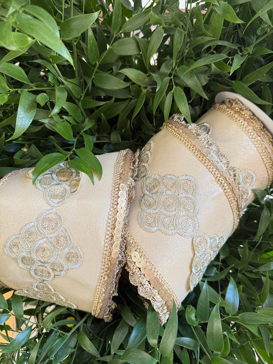 JME heavy wired ribbon. CHAMPAGNE Metallic Sequin Band with Scalloped Edge 6"x 5YDS