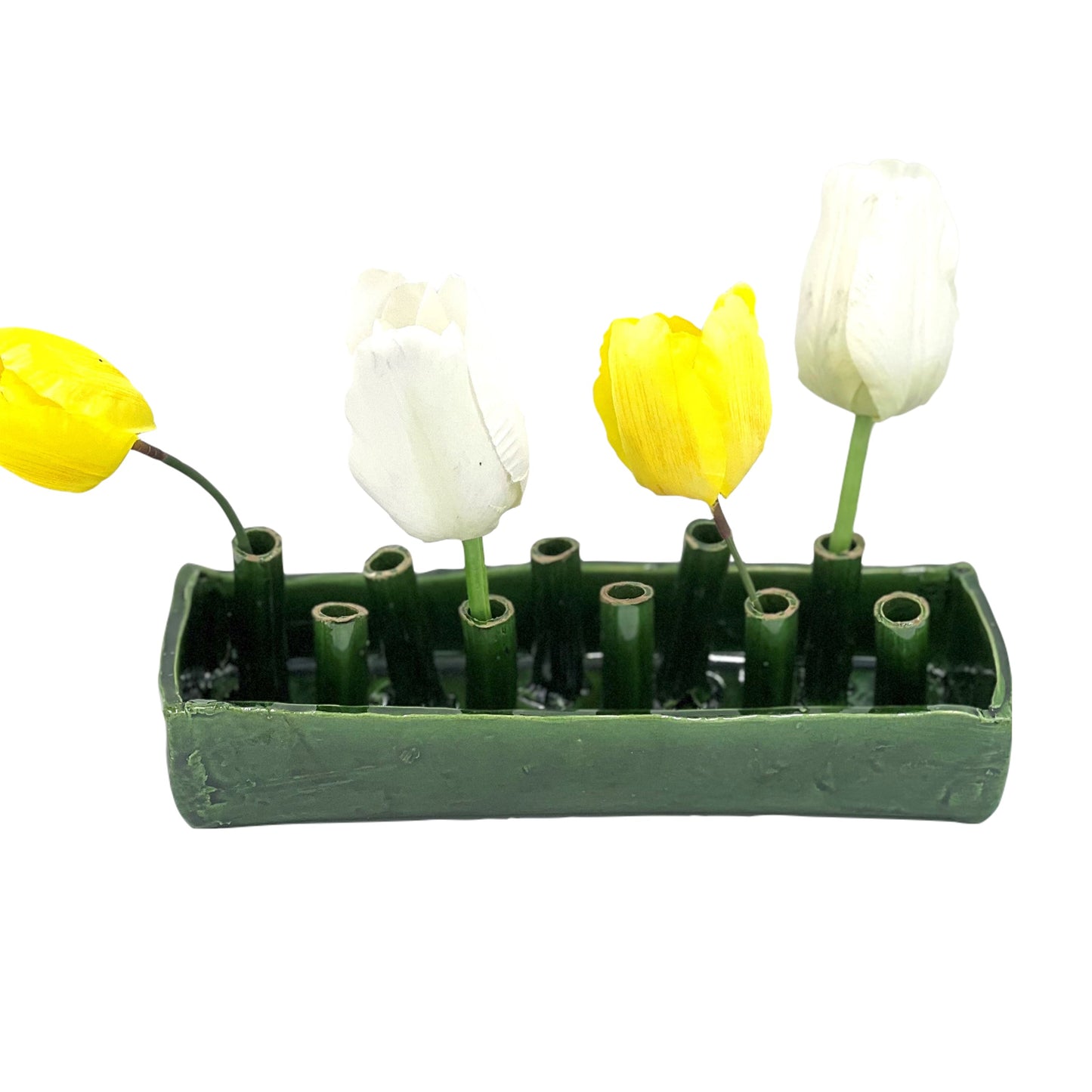 Ceramic Boat Tulipiere, Green, 10-Hole, with flowers