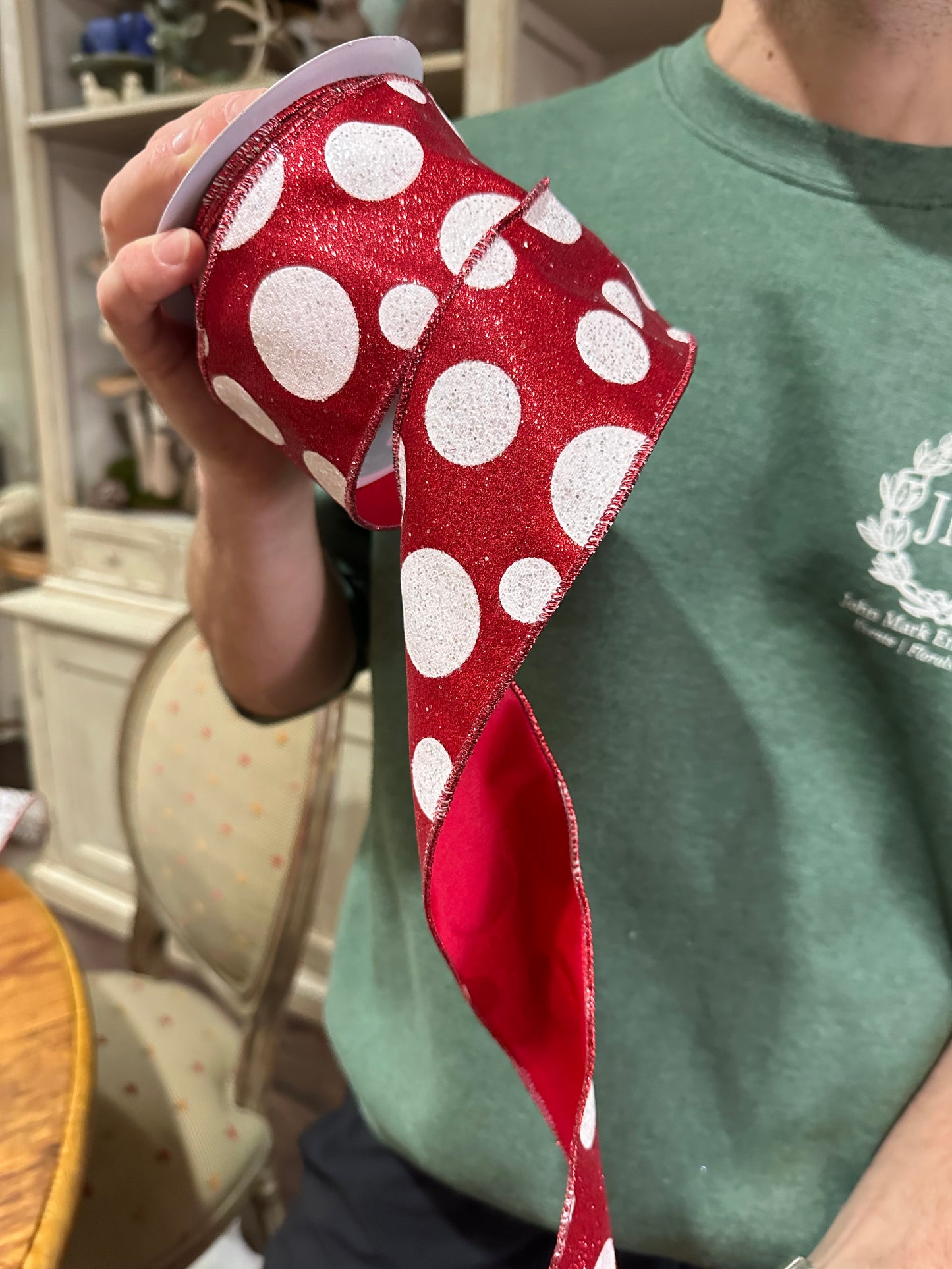 Red with White Dots Glittered Ribbon
2.5" x 10yd.