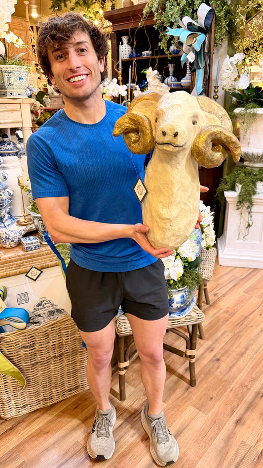 Ram with Gold Horns Wall Mount. Handmade paper mache