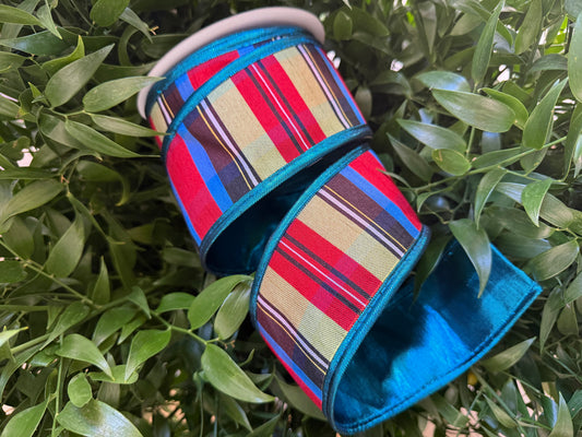 JME heavy wired ribbon. RED/BLUE/BLACK Plaid with Teal Metallic Back 2.5"x 10YDS
