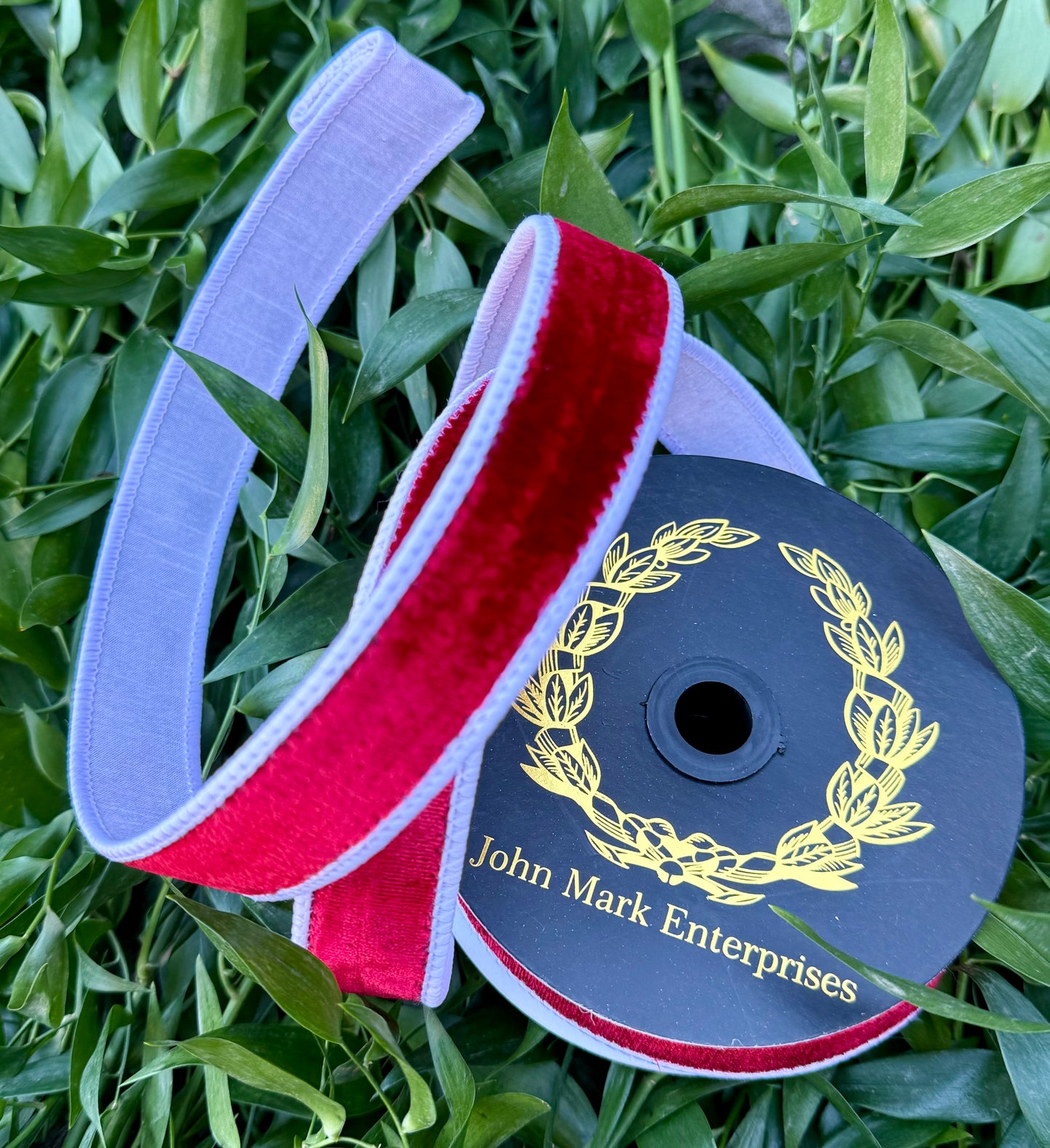 JME heavy wired ribbon Red velvet with white taffeta backing. 1“ x 10 yards.