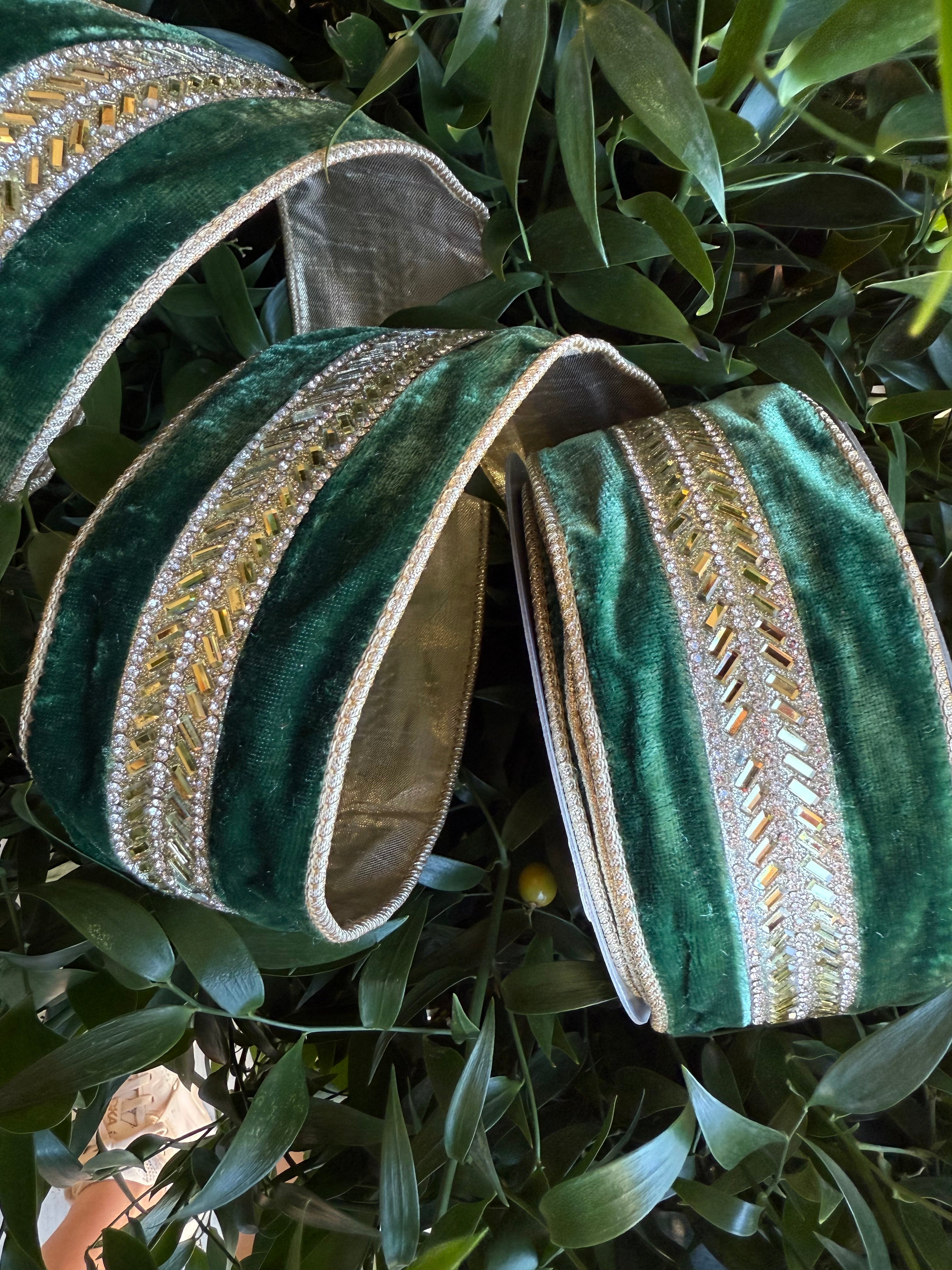 JME heavy wired ribbon. DARK GREEN Velvet with Gold Jeweled Band and M ...