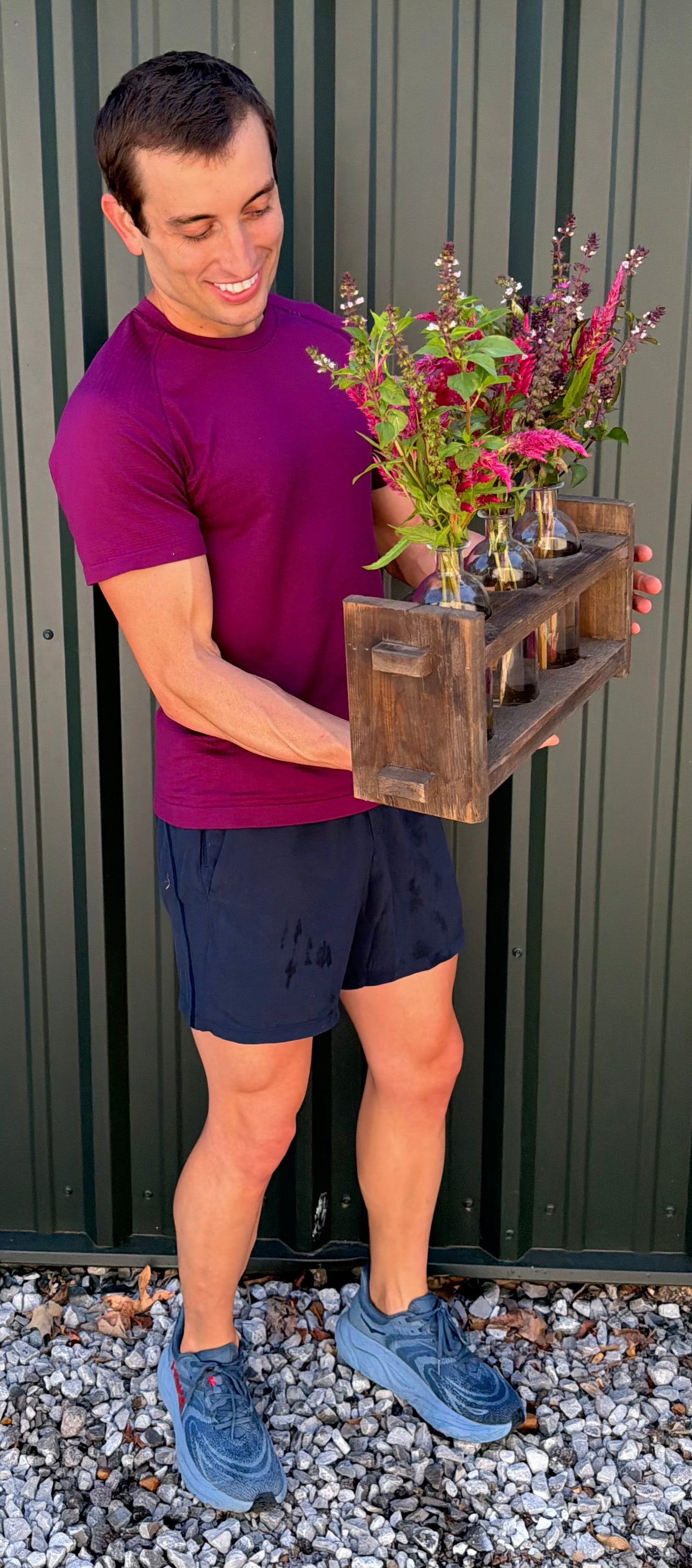 Wood Floral Arranger with 3 Glass Bottles