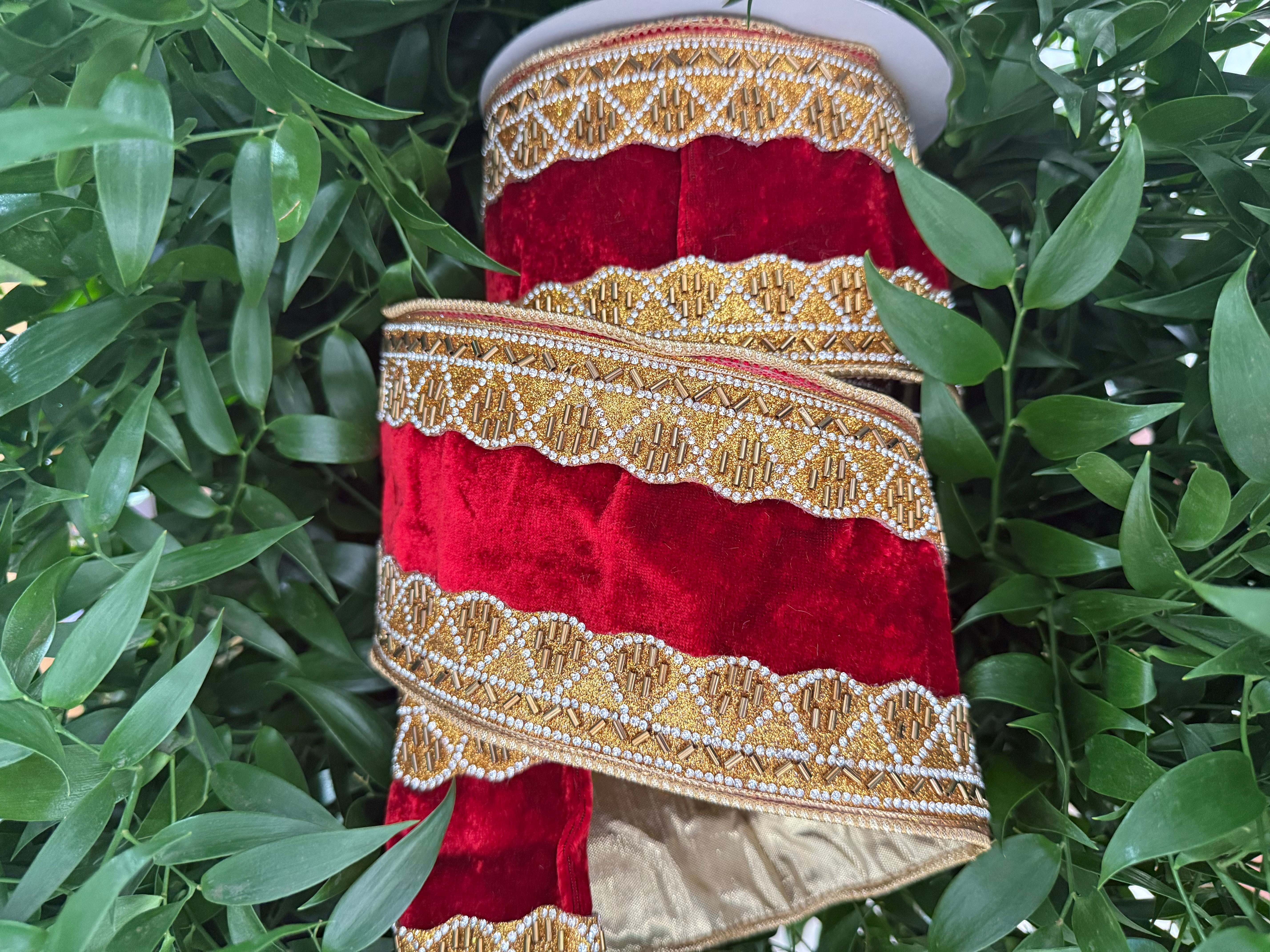 JME heavy wired ribbon. RED Velvet with Gold Jeweled Scalloped Trim an ...