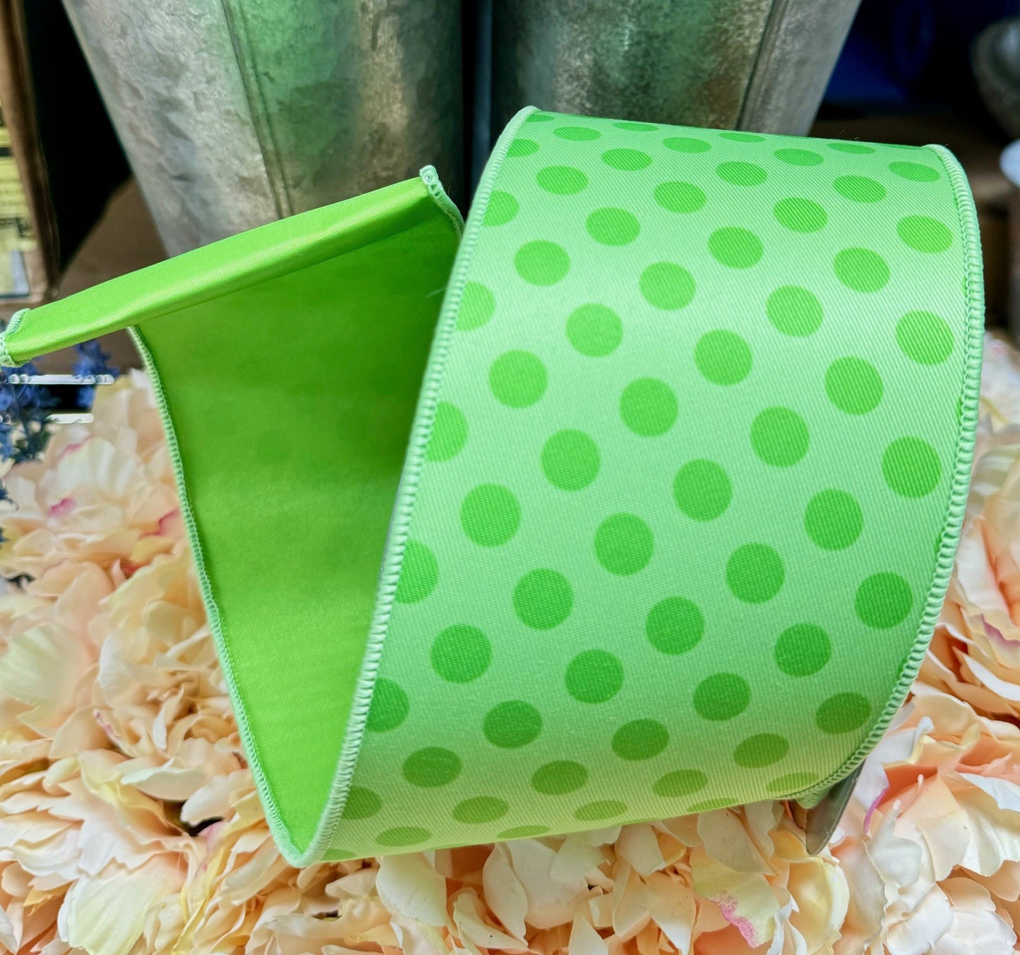 Lime Green Monochrome Dots with Lime Green Solid Back  4 Inches by 10 Yards