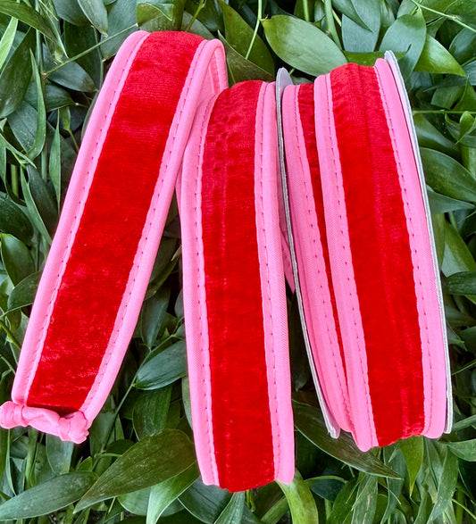 JME heavy wire ribbon. Red velvet back with hot pink taffeta and piped in hot pink. 1” x 10 yard yards.