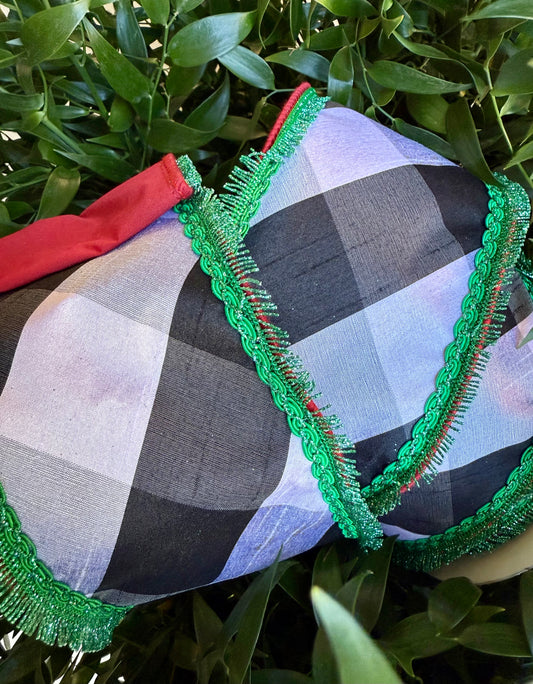 JME heavy wired ribbon. BLACK/WHITE Check Dupion with Green Fringe Trim and Red Back 4"x 10YDS
