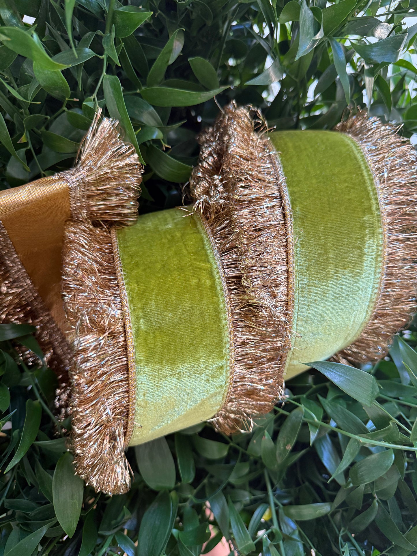 JME heavy wired ribbon. APPLE GREEN Velvet with Gold Tinsel Shag Edge 4"x 10YDS