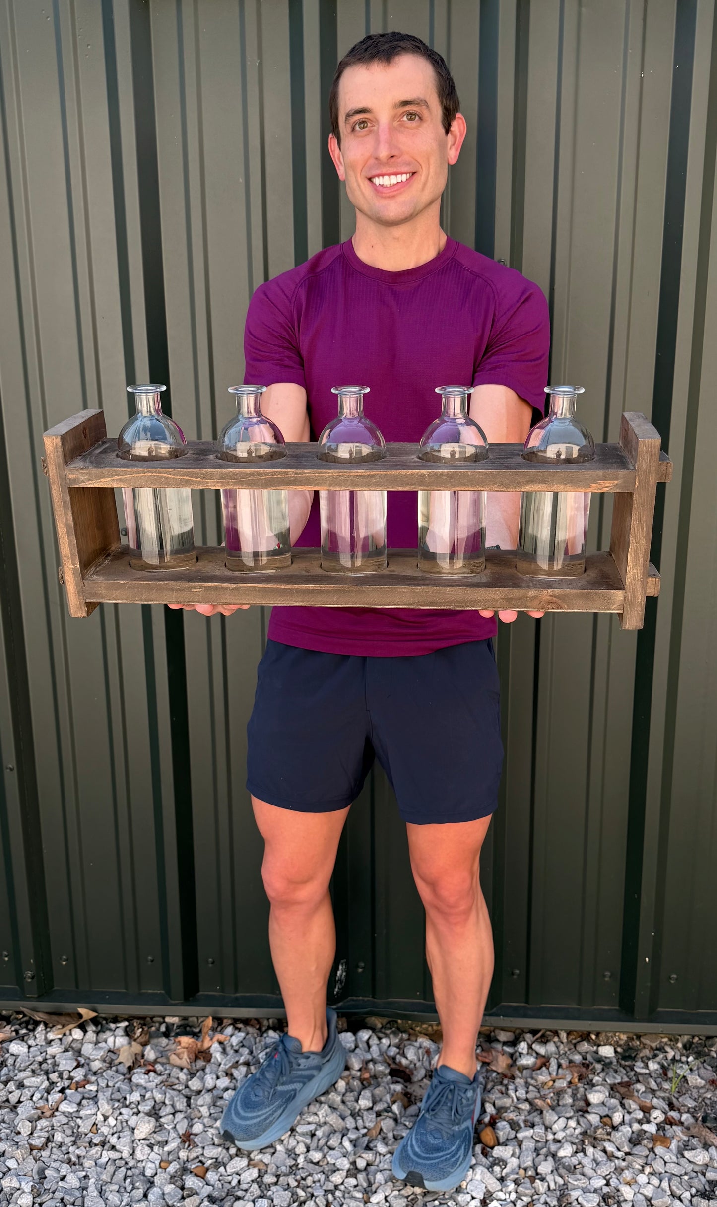 Wood Floral Arranger with 5 Glass Bottles