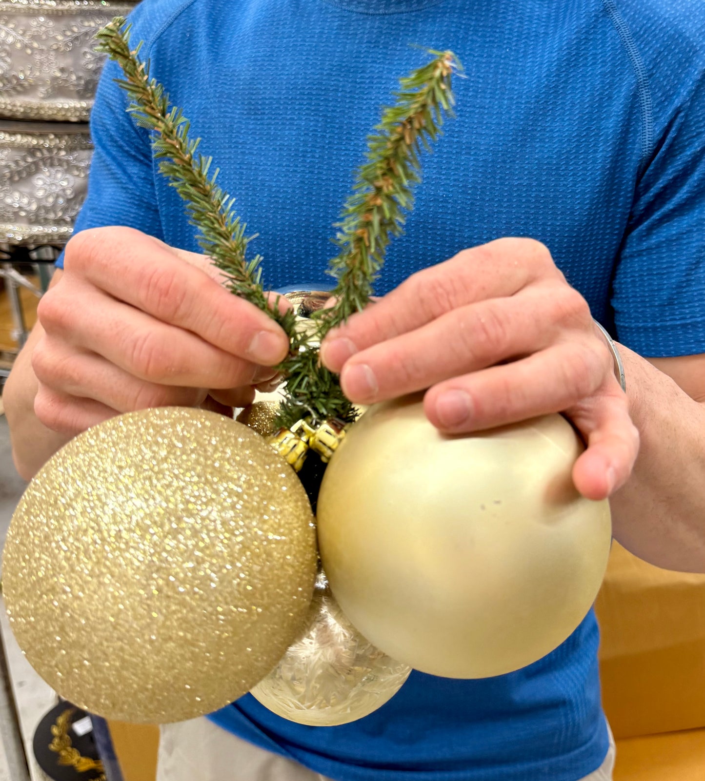 Champagne prewired cluster of ornaments.