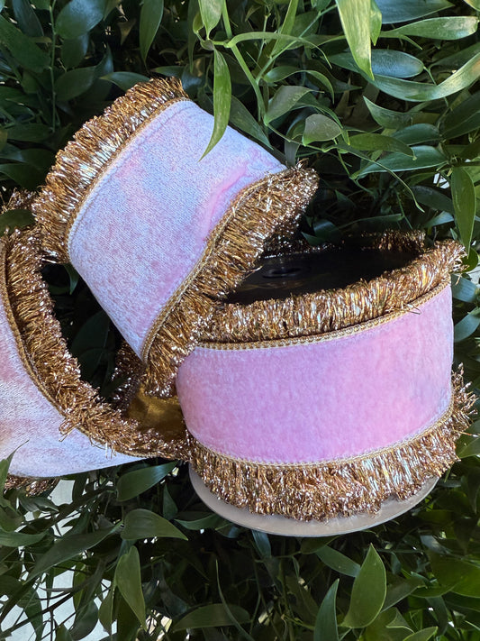 JME heavy wired ribbon. LIGHT PINK Velvet with Gold Tinsel Shag Edge 4"x 10YDS