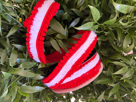 JME heavy wired ribbon. WHITE Fur with Red Pom Pom Edge 1"x 10YDS