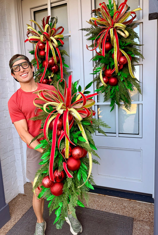 Hand made JME Christmas Swag. Paired with a JME 1inch ribbon bow of lime green and red. About 36inches long by 20inches wide.