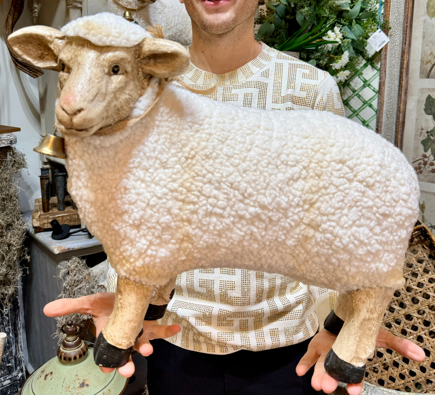 Standing sheep, stone and fur. With a bell. 20in