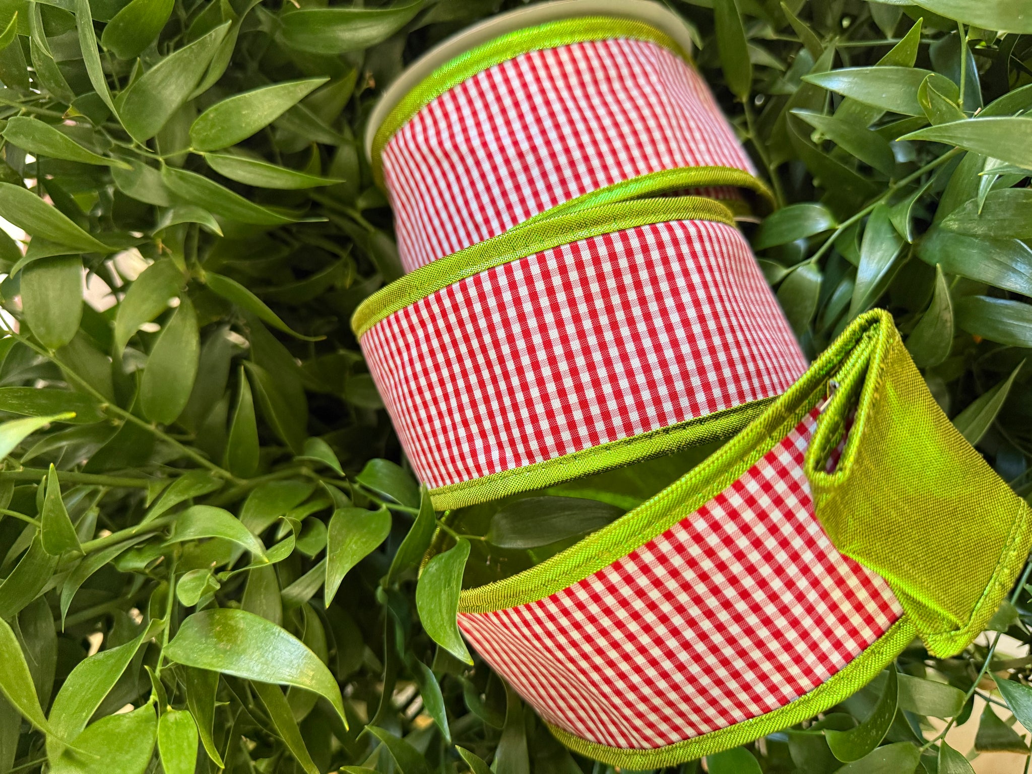 JME heavy wired ribbon. RED/WHITE Mini Check with Lime Metallic Back 2 ...