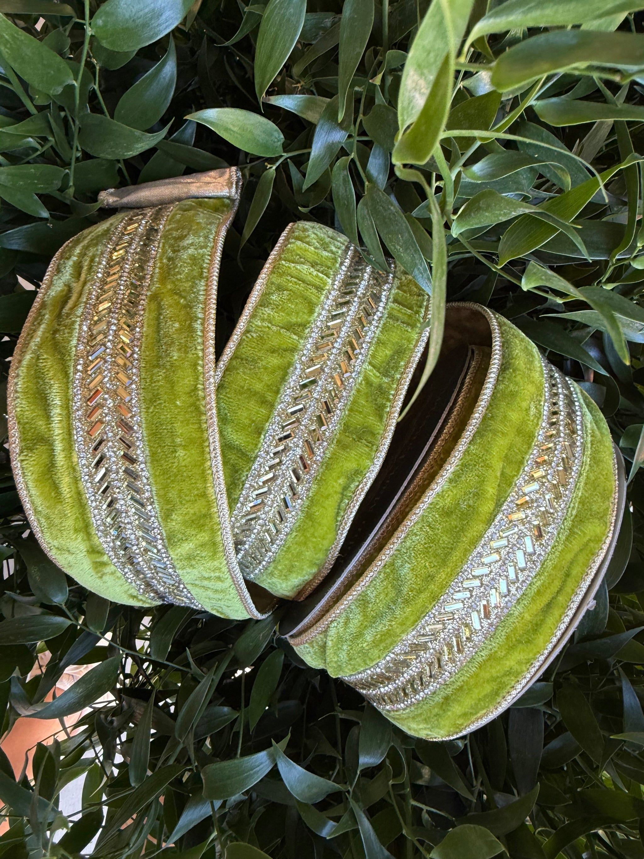 JME heavy wired ribbon. APPLE GREEN Velvet with Gold Jeweled Band and ...